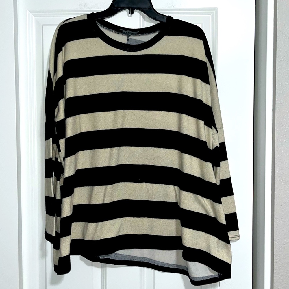 Rae Mode Black/White Striped Flutter Blouse